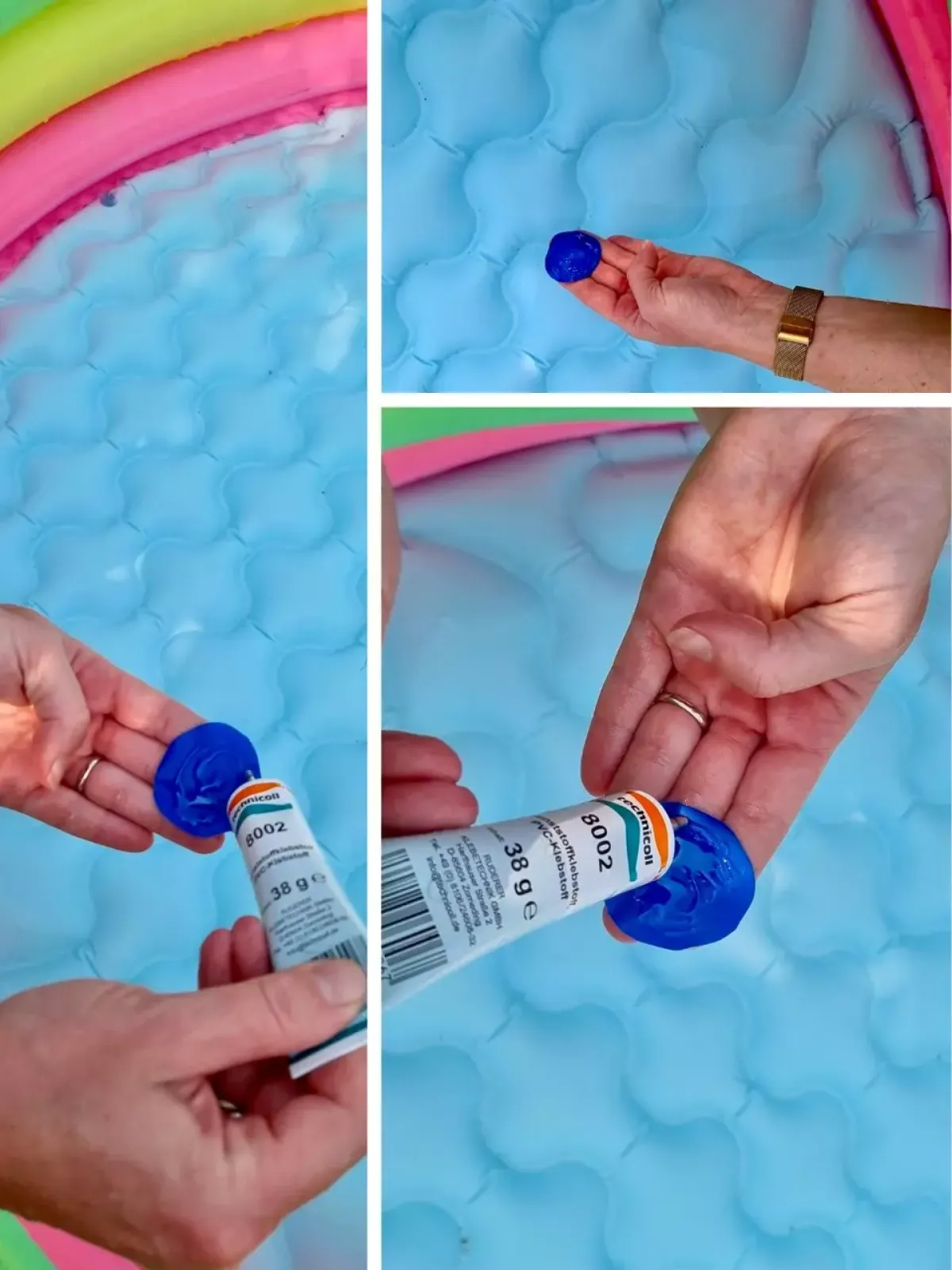 Planschbecken mit PVC Folie mit einem Flicken kleben und den Klebstoff technicoll 8002 benutzen